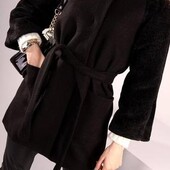 Женское молодежное Пальто черное -кашемировое с меховыми рукавами.
