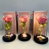 Троянда в колбі під скляним куполом стабілізована квітка Pink з підсвічуванням Велика