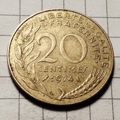 Монета Франції 20 сантимів 1974