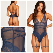 Hunkemoller! Спокусливий жіночий боді із мережива і сіточки, з гартерами, Хл розмір dark denim!