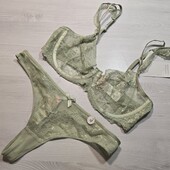 Hunkemoller! Мереживний жіночий комплект: бюстгальтер 80Д і труси стрінги М розмір desert sage