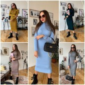 теплое платье миди, вязанное платье, платье резинка-цвет на выбор