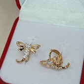 Красивые детские серьги стрекозы с фианитами. Позолота 585 пробы 18К.