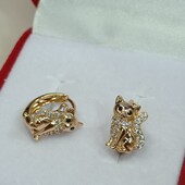 Великолепные детские серьги кошечки с фианитами. Позолота 585 пробы 18К.