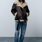 Жіноча тепла дублянка на хутрі, трендова в стилі Zara, куртка косуха авіатор