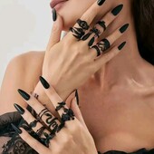 Великий набір каблучок 16 шт, чорні, готика, змія, череп, крила, павук, чаклунство