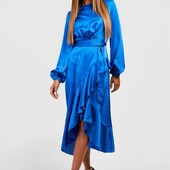 Boohoo uk12 атласна міді сукня з воланами