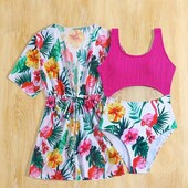 Яркий квітковий купальник+ парео накидка на дівчинку 7-8 р 128-130
