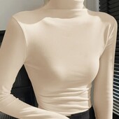 Елегантний базовий гольф з високим коміром XL-бежевий