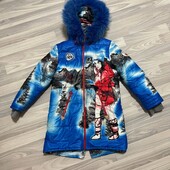 Moncler куртка тёплая с принтом, пушка песец натуральный, 9-11 лет