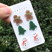 Набір сережок три пари. Новорічна, різдвяна тема, сніговик, ялинка, пряничний чоловічок
