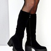 Натуральна замша жіночі зимові чоботи стильні єврозима чорні натуральна замша