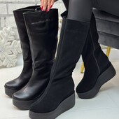 36-41 рр демі/зима чорні чоботи на високій танкетці натуральна шкіра/замша