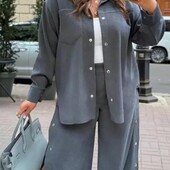 Жіночий костюм-двійка оверсайз з бавовняного вельвету з сорочкою та брюками-палацо...