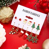 Набір сережок шість пар.Новорічна, різдвяна тема, сніжинка, ялинка, рукавички, Санта