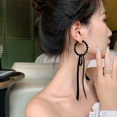 Сережки кільця вечірні, чорні намистини скло, довга чорна стрічка, панк, рок, готика