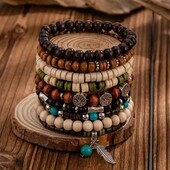 Набір дев'ять штук еластичних браслетів дерево, етнічні, бохо, перо, бірюза, дерево життя