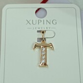 Красивый кулон буква Т с фианитами, на цепочку или браслет.Позолота 585 пробы 18К.