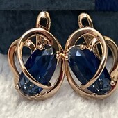 Красивые серьги с крупным синим цирконом, позолота 585 пробы