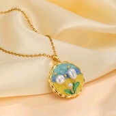 Ланцюжок кругла підвіска емаль, розпис, перлинки, квіти, медзолото