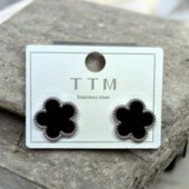 Сережки Stainless Steel нержавіюча сталь клевер конюшина чорна в сріблі