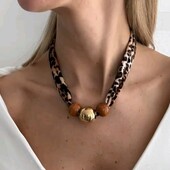 Кольє, намисто мотузкове, текстильне, леопардовий принт, намистини дерево