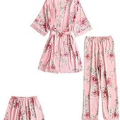 Комплект атласний халат+шорти+штани