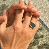 Прямокутна, печатка, перстень, каблучка вставка чорне скло, медсталь