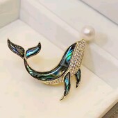 Брошка кит, кашалот з перлиною, абалон, стрази